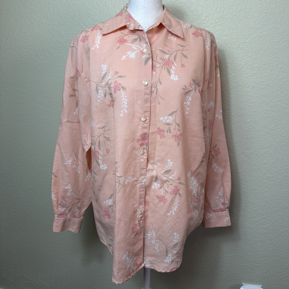 Style & Co Peach Floral Top Size 4 Linen Blend Long Sleeve Button Down Blouse